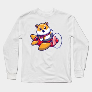 Cute baby shiba inu dog driving plane cartoon Long Sleeve T-Shirt